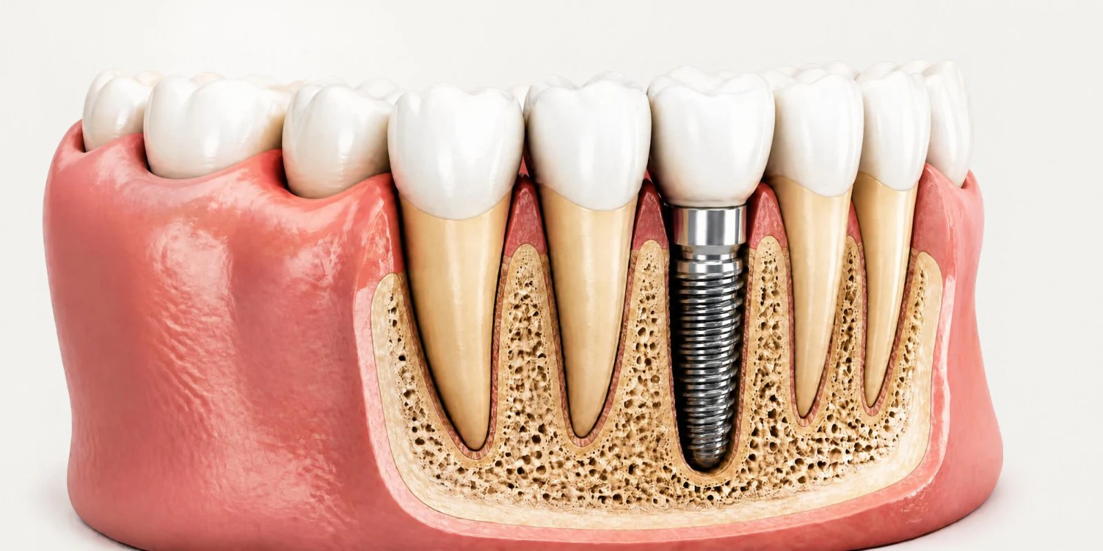Ilustrație implant dentar cu coroană, în os
